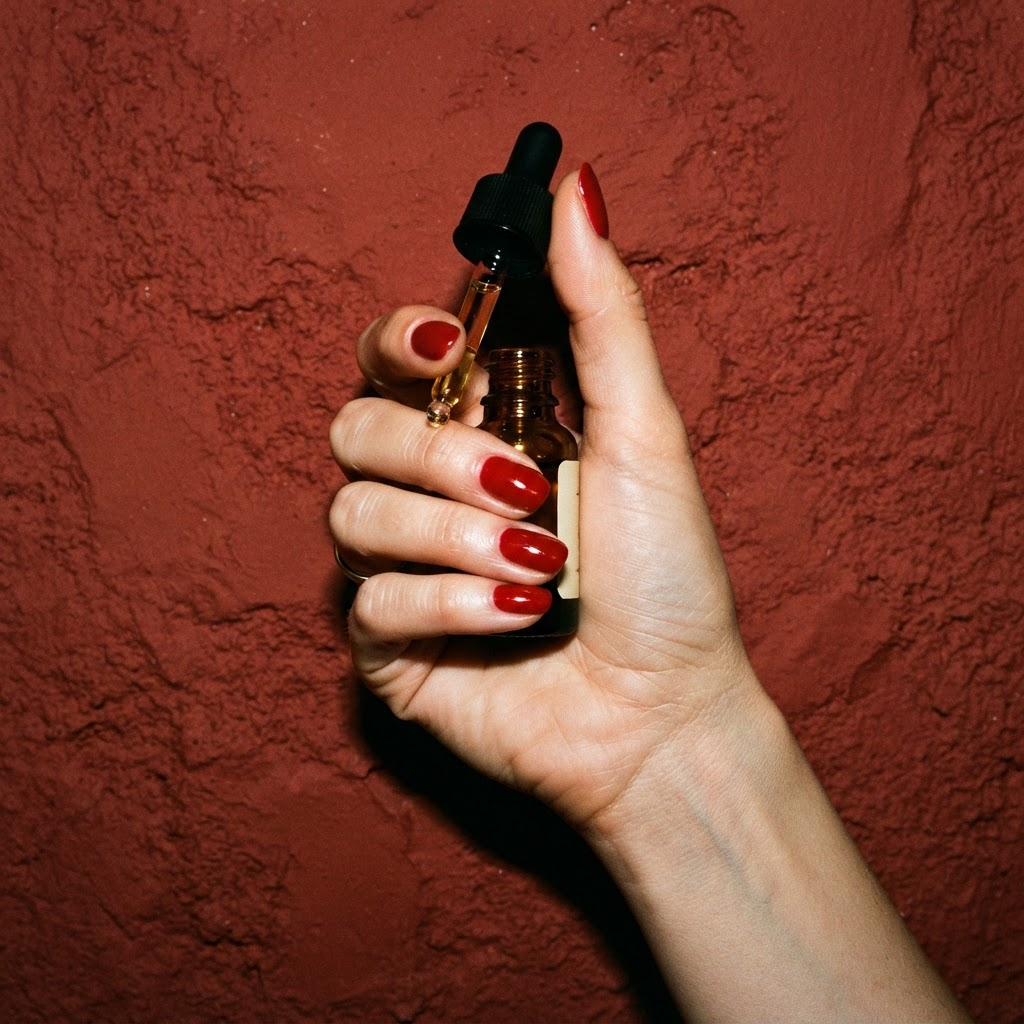 Hand with a glossy red manicure holding a skincare dropper