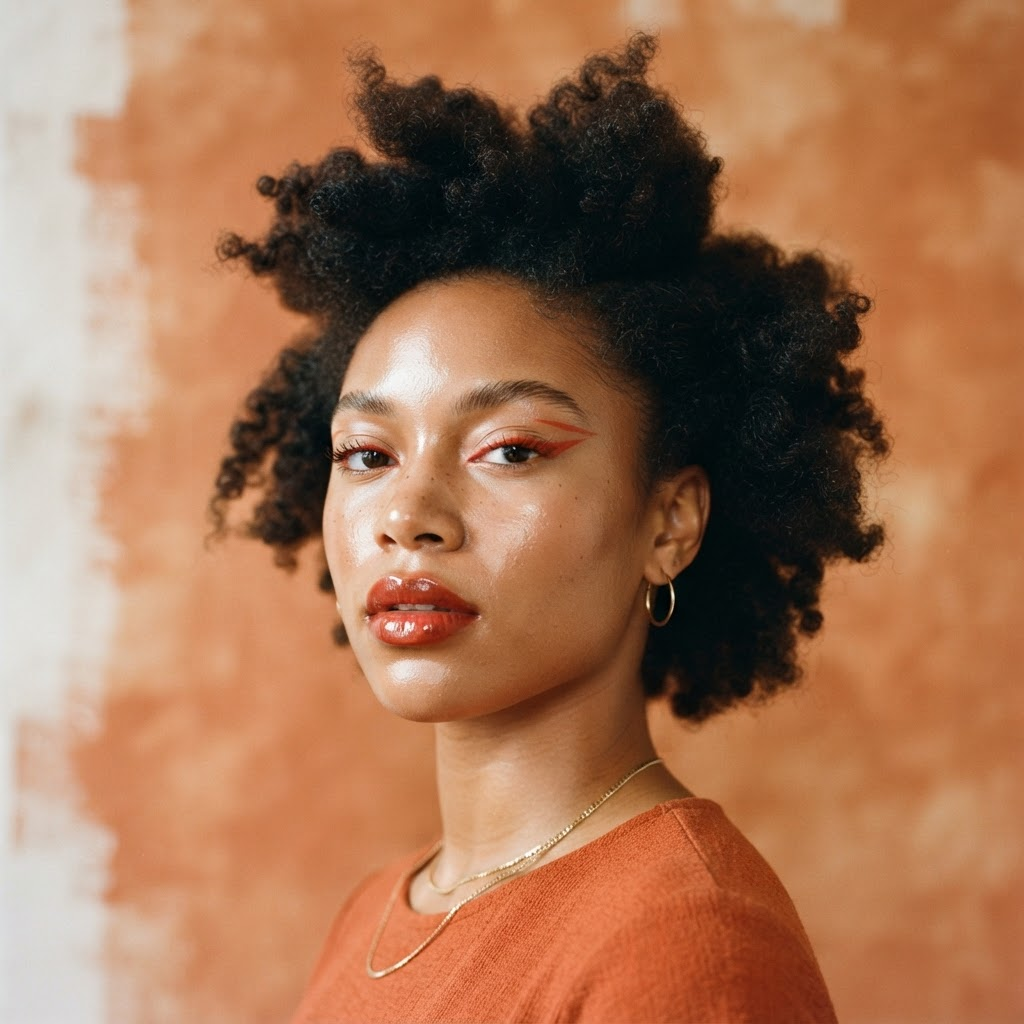 Creator with sculptural hair and graphic orange eye makeup