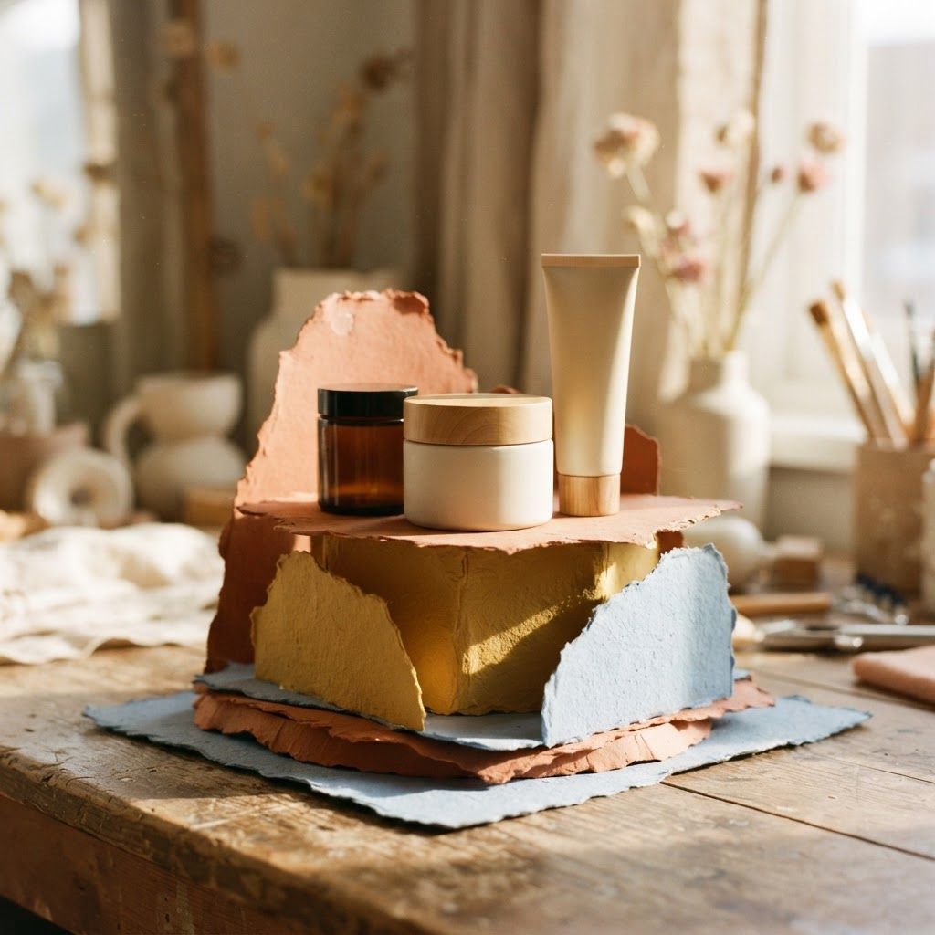 Unbranded skincare products arranged on a paper pedestal
